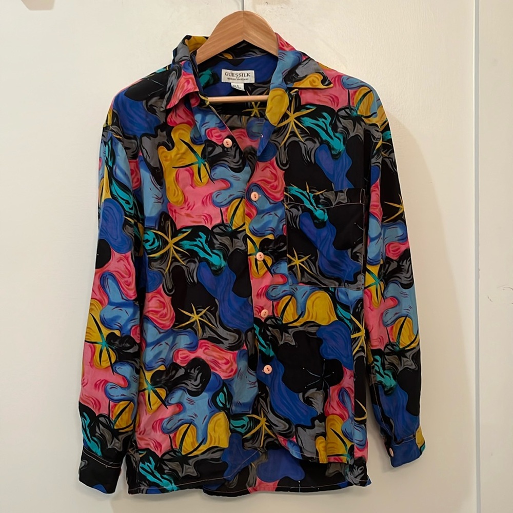 VINTAGE Guessilk by Georges Marciano Print Button Down Blouse 100% Silk SZ S